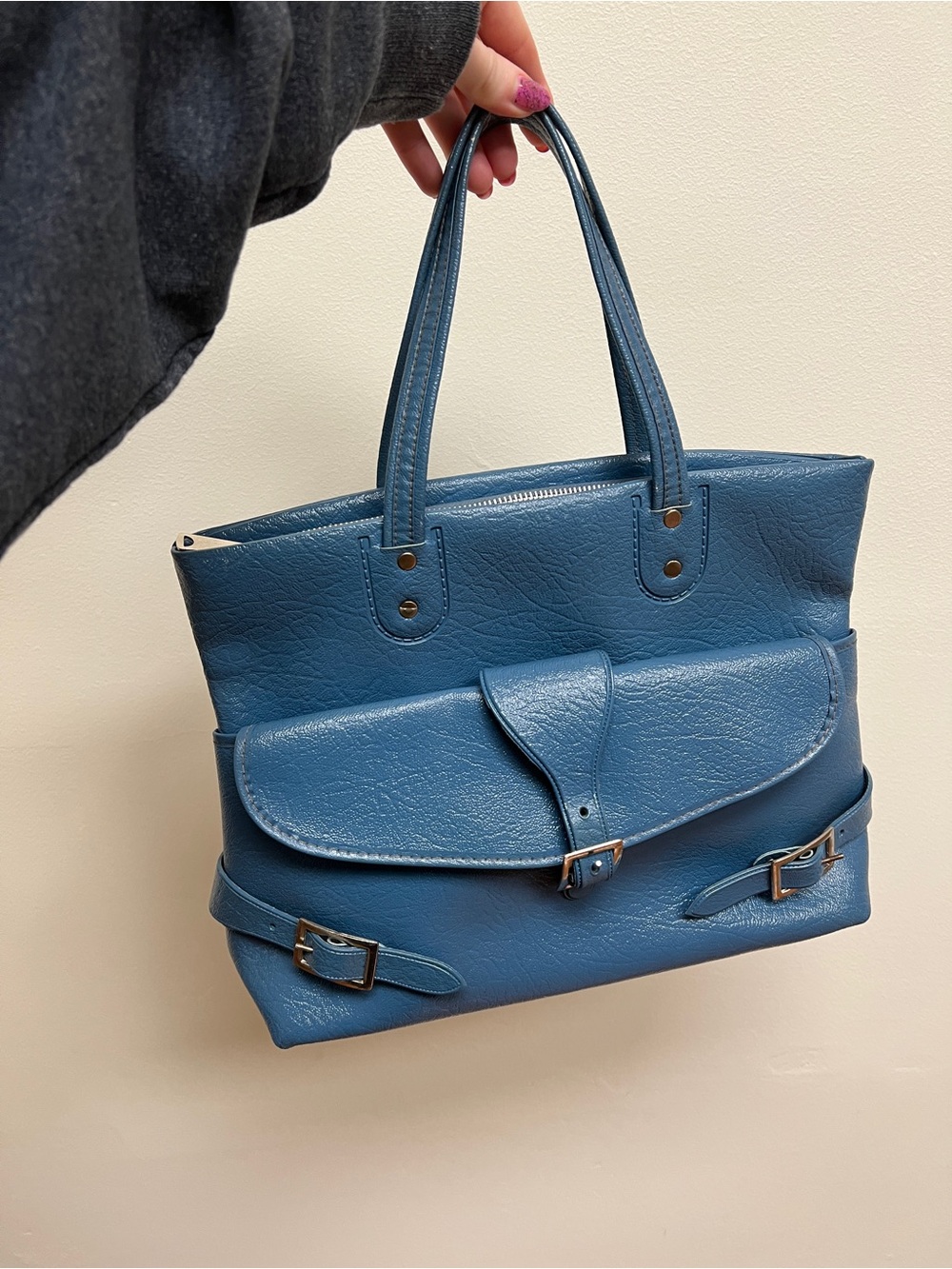Vintage 70s Blue Vinyl Tote Bag with Front Flap Pocket